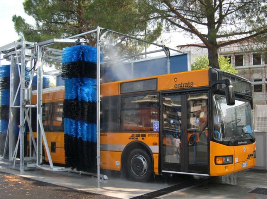 Bus at the end of the drive-through wash system