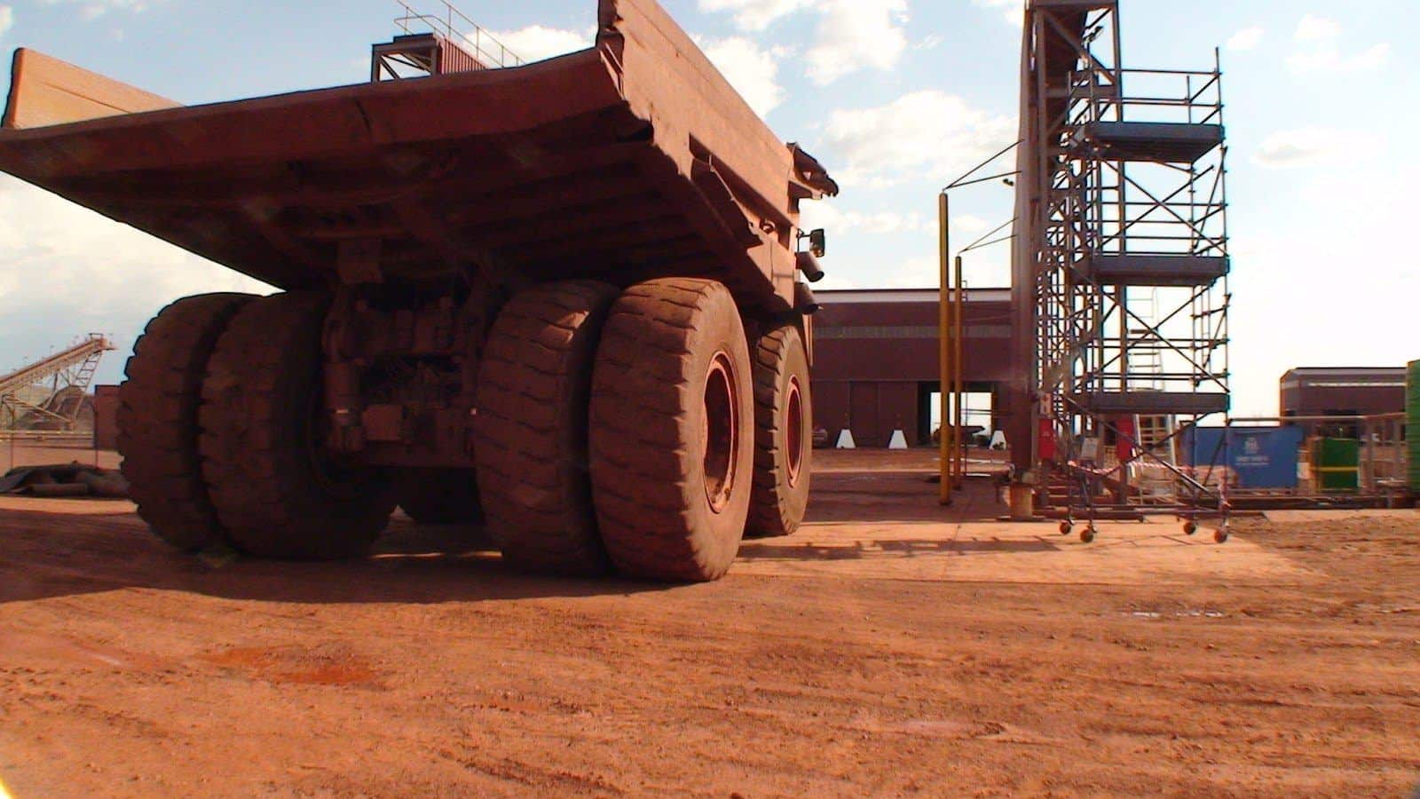 A mining vehicle covered in dirt