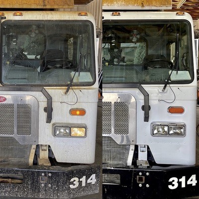 Before and after image of truck after using detergents