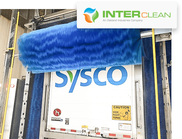 Sysco fleet vehicle trailer door being washed with brush