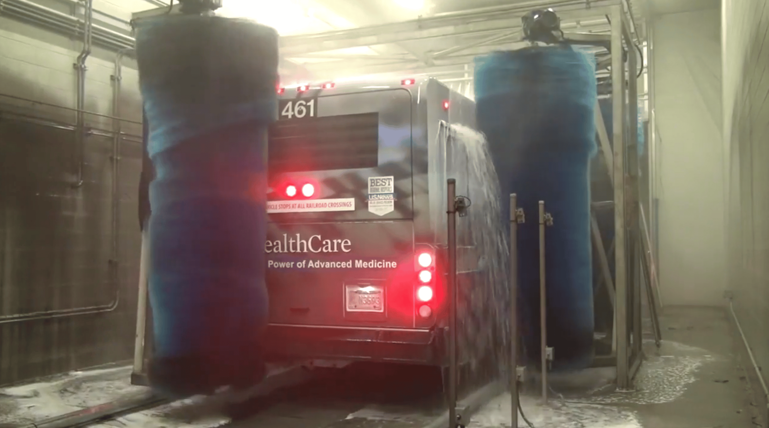 Transit bus wash system in action