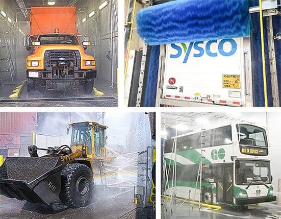 A collage of images showing large vehicles being washed by InterClean equipment.